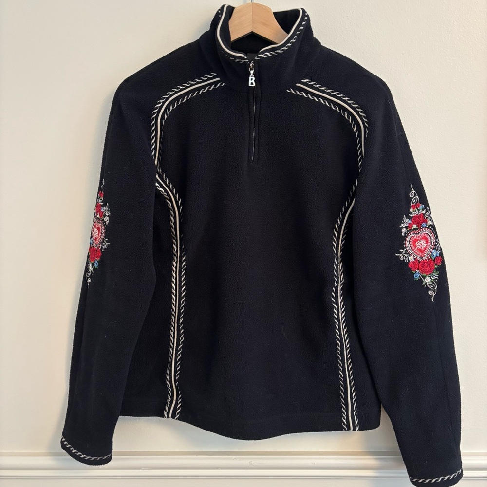 Bogner Black Zip Up Sweater with Red Embroidery